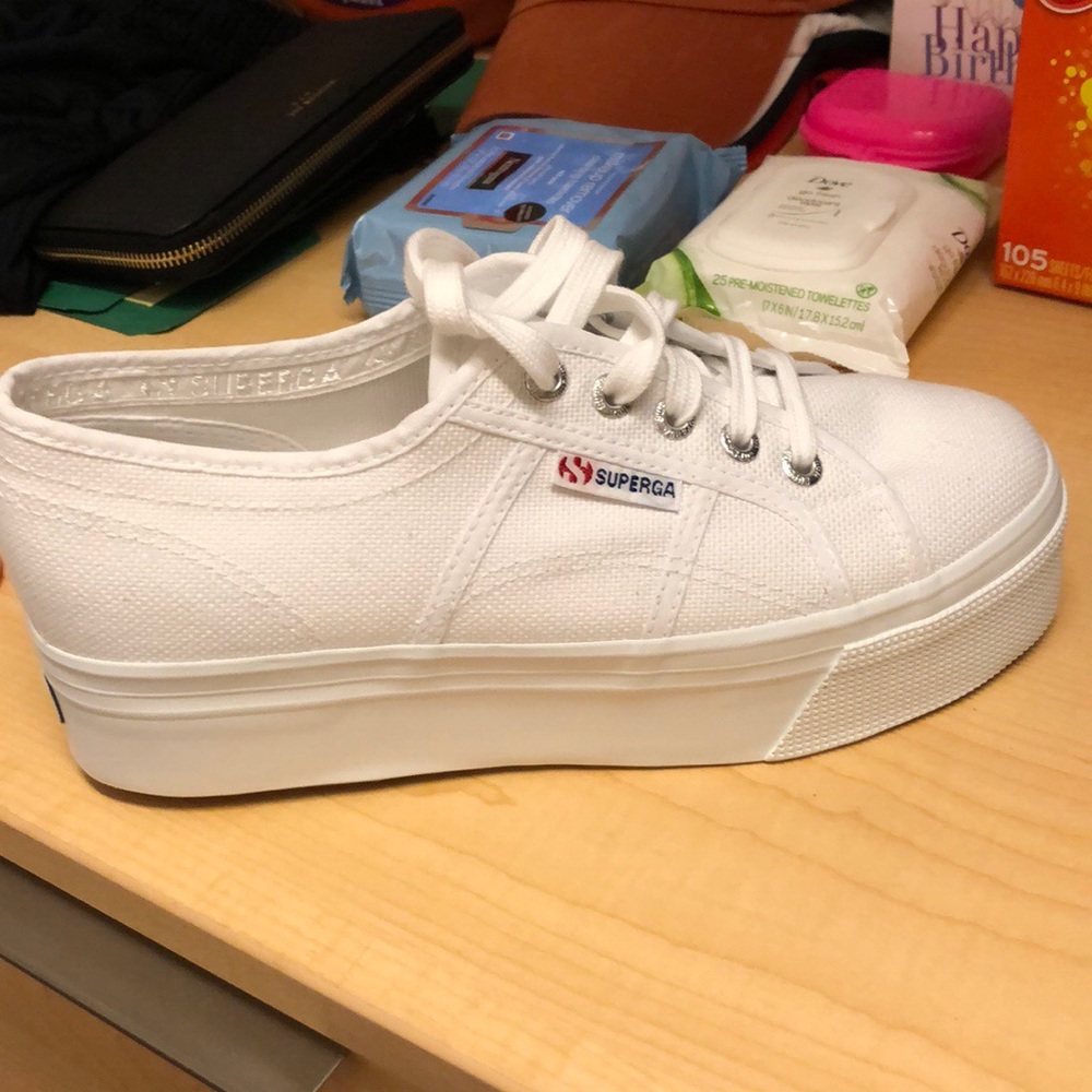 Women’s white Superga platforms